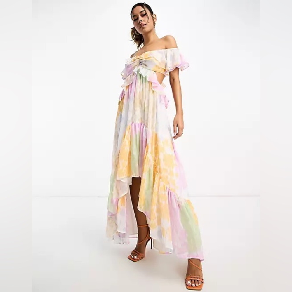 ASOS DESIGN ruffle cut out off the shoulder maxi dress